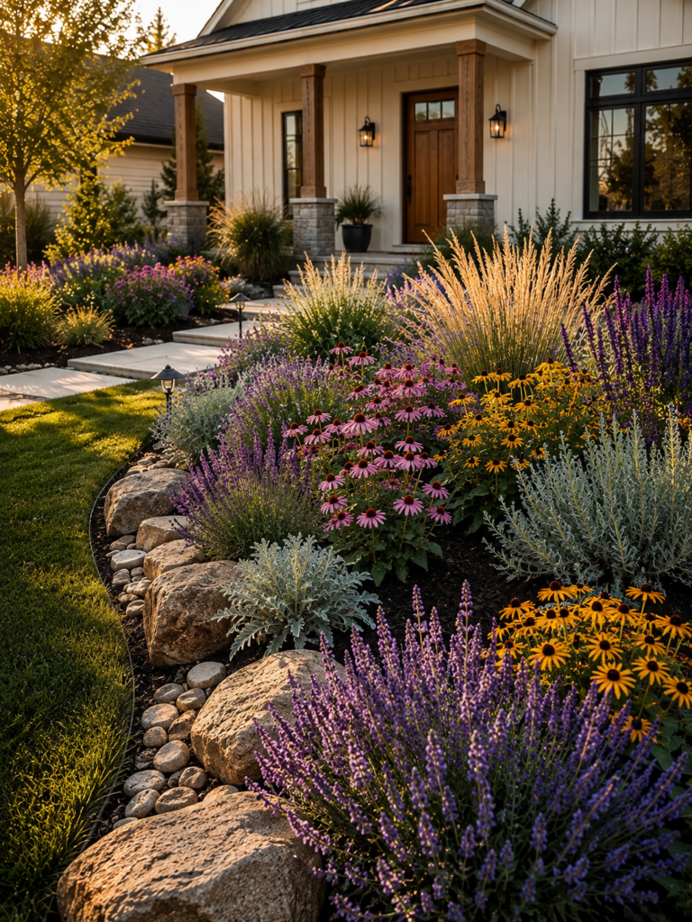 Low-maintenance flower bed ideas in front of house