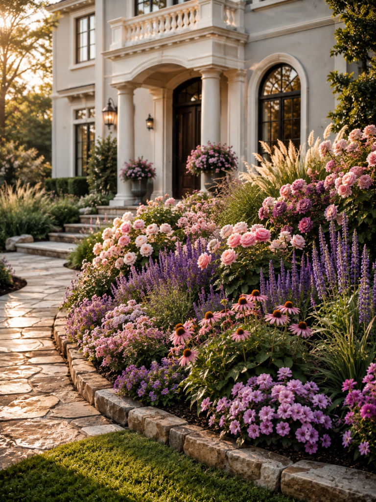 Pink purple flower bed ideas in front of house