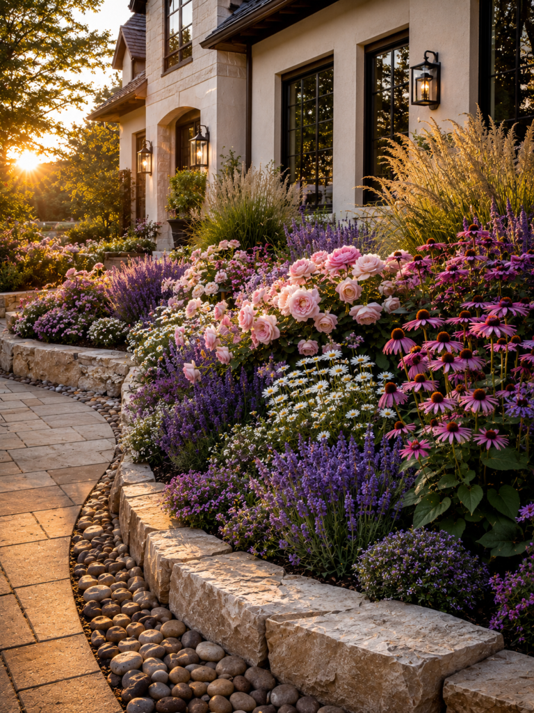 Stone flower bed ideas in front of house