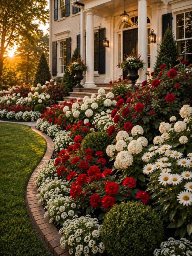 Red white flower bed ideas in front of house