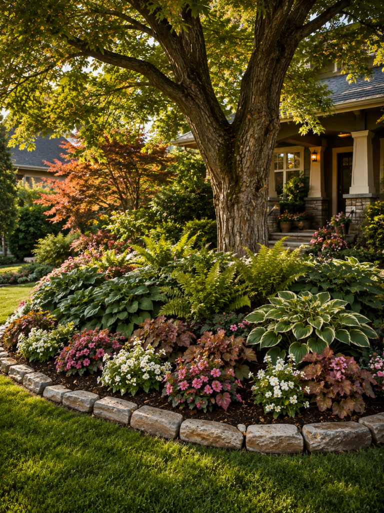 Tree flower bed ideas in front of house