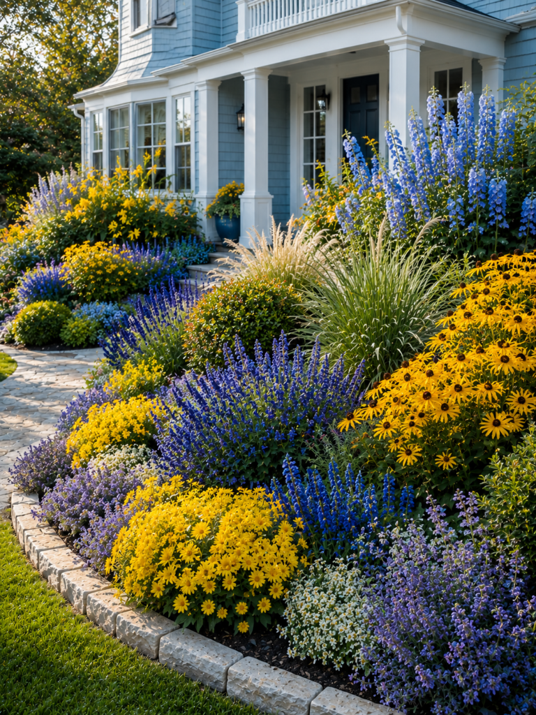 Yellow blue flower bed ideas in front of house