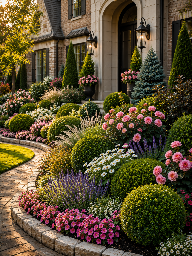 Evergreen flower bed ideas in front of house