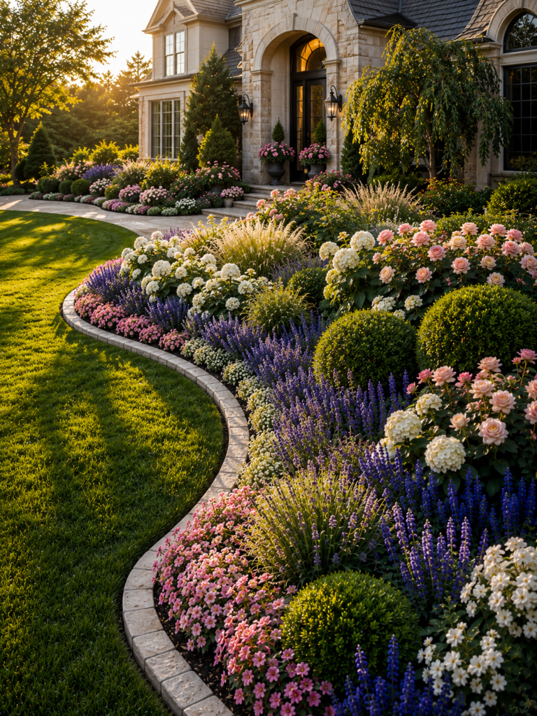 Curved flower bed ideas in front of house