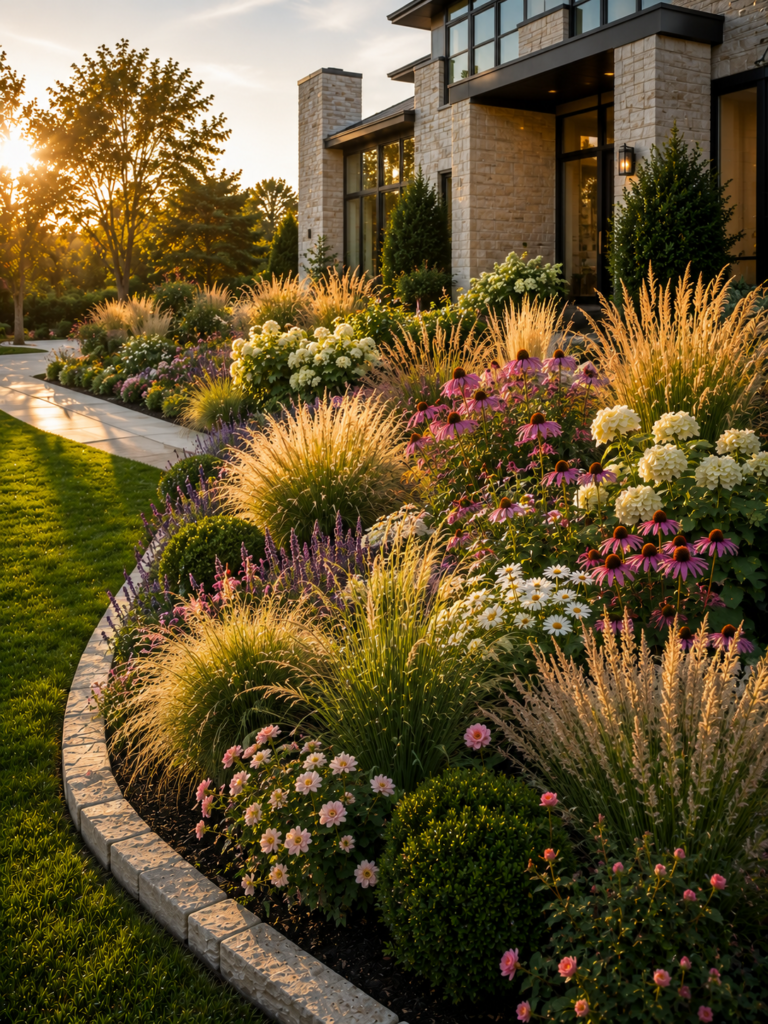Ornamental grass flower bed ideas in front of house
