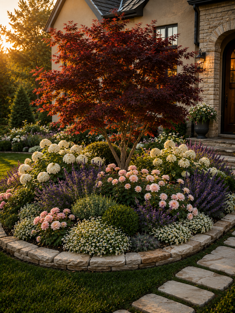Small tree flower bed ideas in front of house