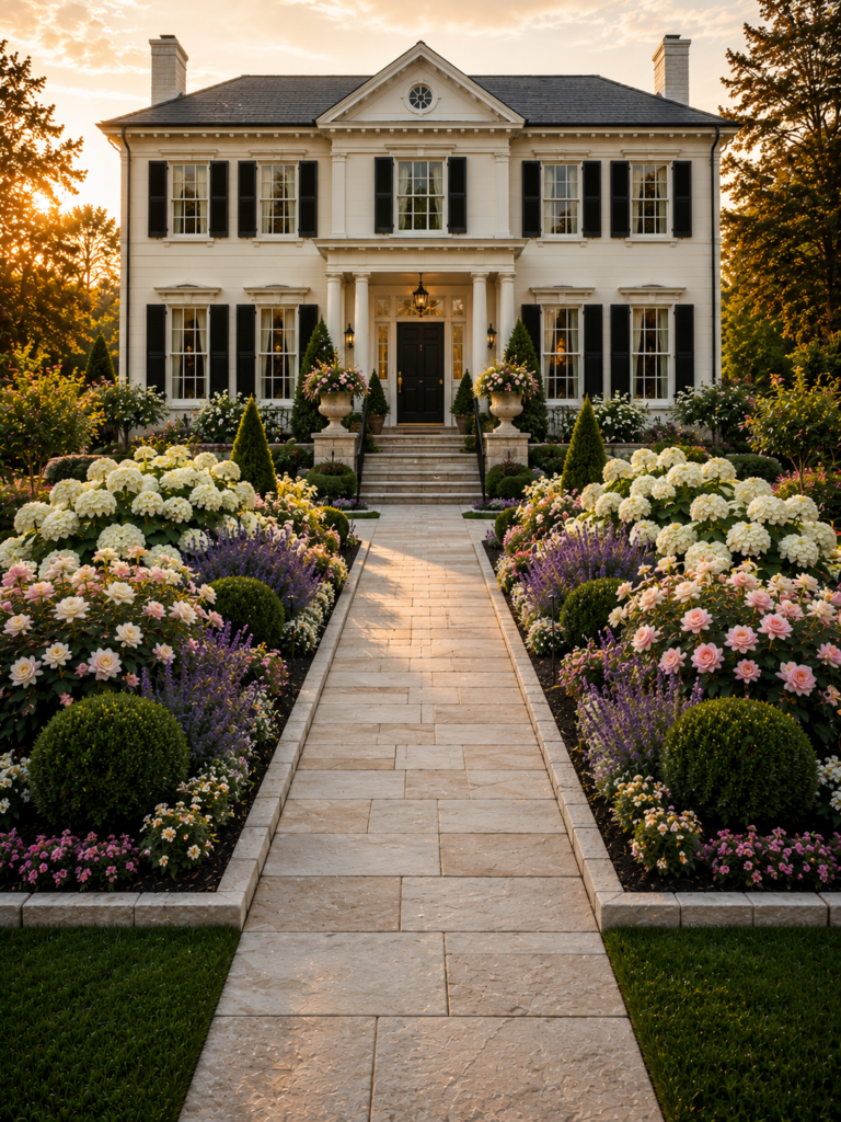 Symmetrical flower bed ideas in front of house