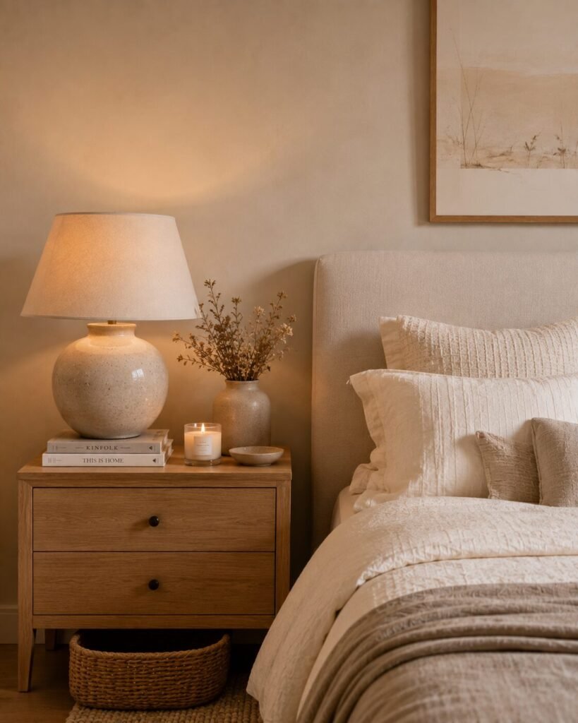 Cozy neutral bedroom ideas 10 Cozy neutral bedroom ideas nightstand styling