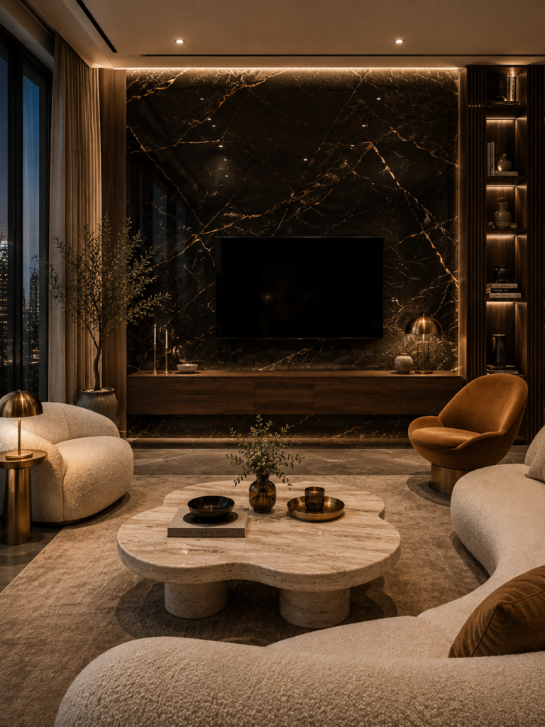 15 TV wall ideas living room black marble