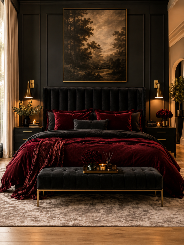 Red and black bedroom ideas accent wall