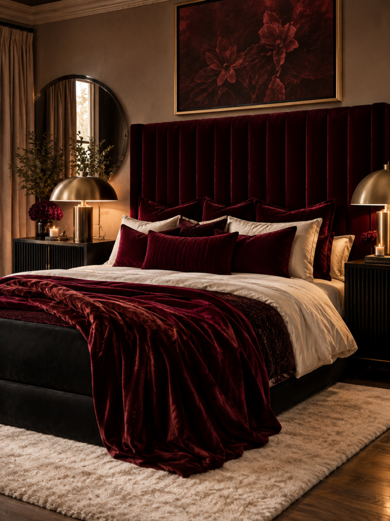 Red and black bedroom ideas velvet headboard