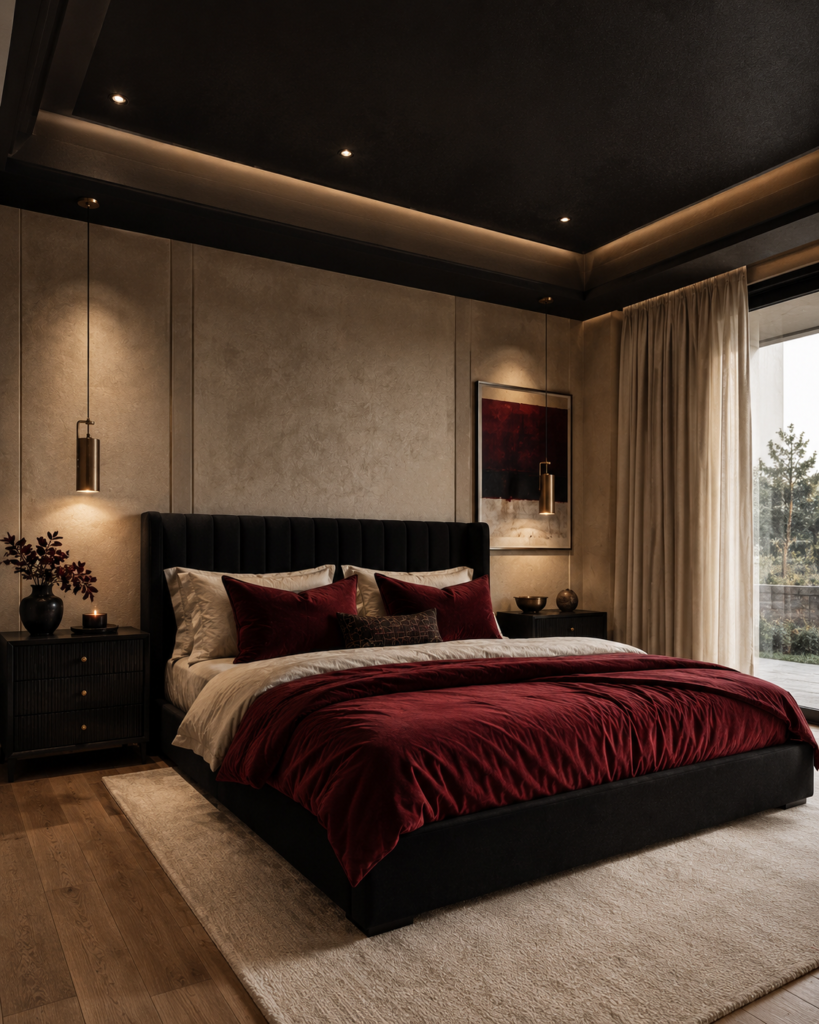 Red and black bedroom ideas black ceiling