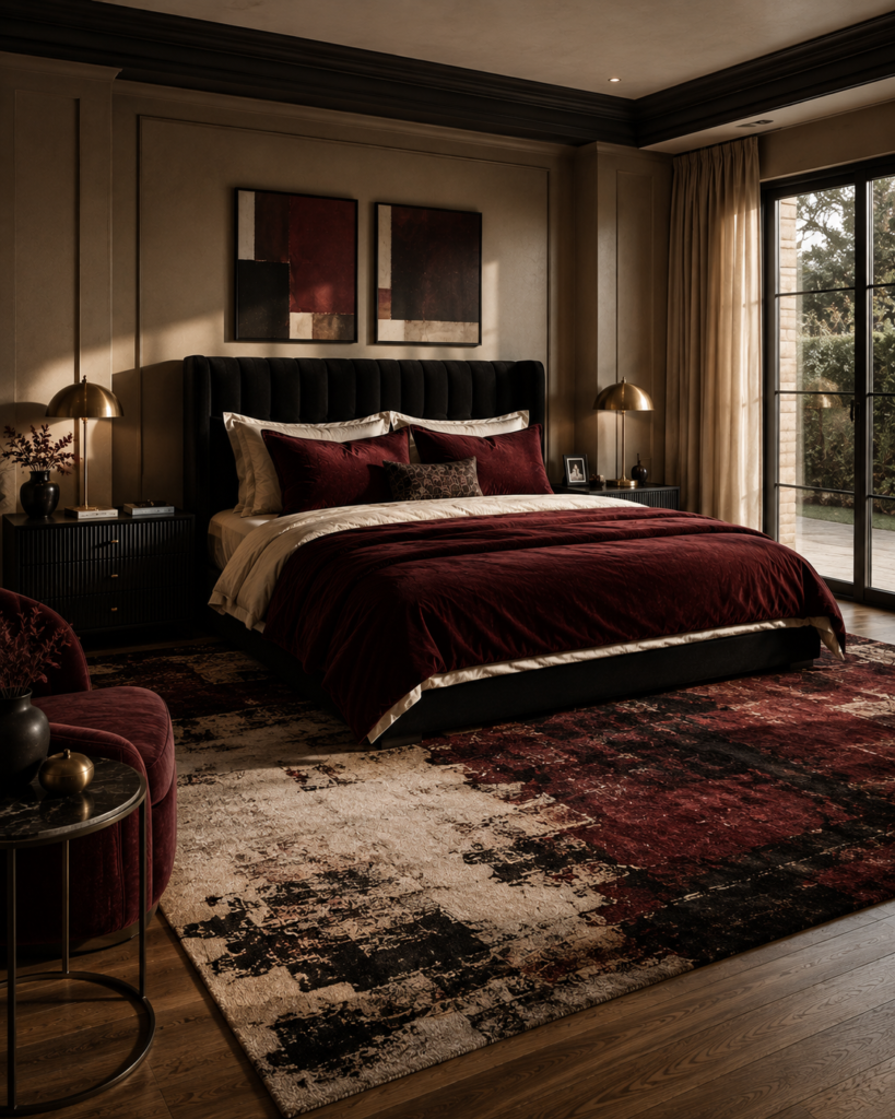 Red and black bedroom ideas patterned rug
