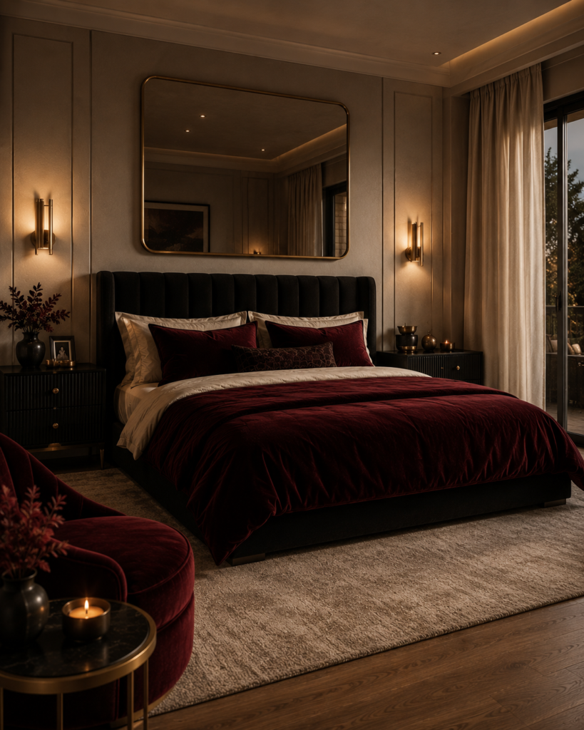 Red and black bedroom ideas brass details