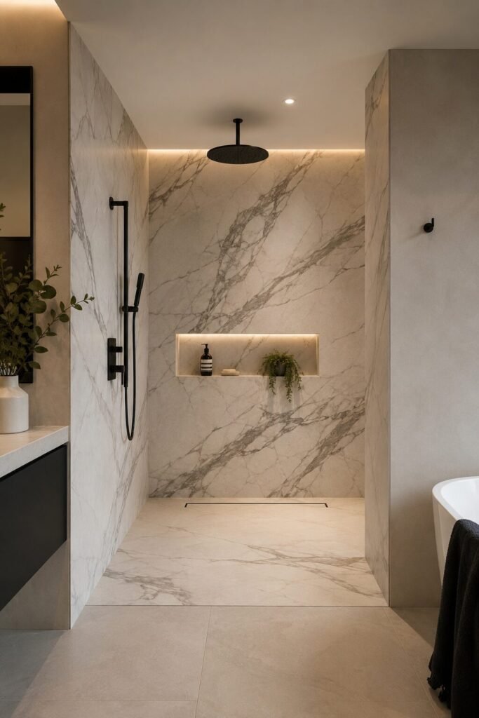 Porcelain walk in shower with wall no door