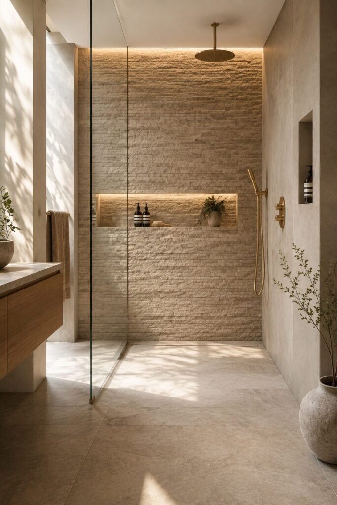 Stone walk in shower with wall no door