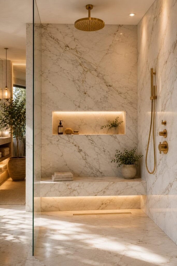 Marble walk in shower with wall no door