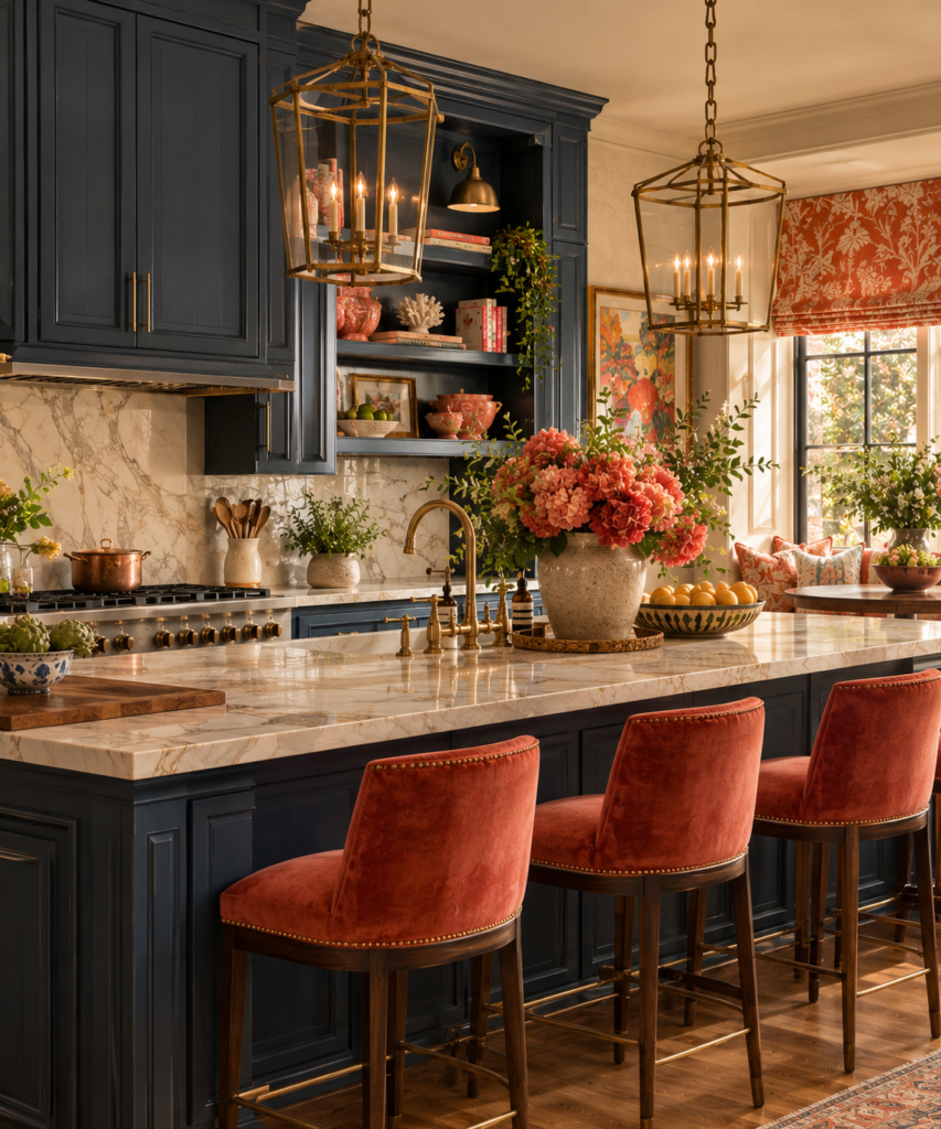 Colorful kitchen design ideas 6 Navy coral colorful kitchen design ideas