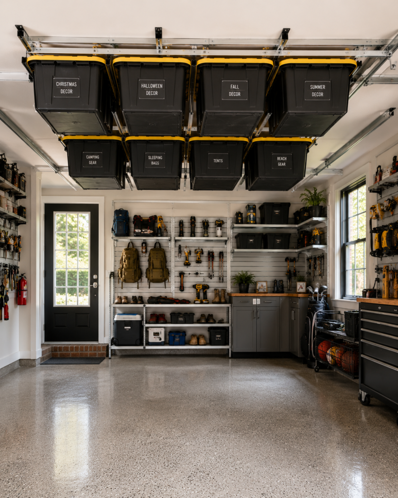 DIY garage organization ideas ceiling totes