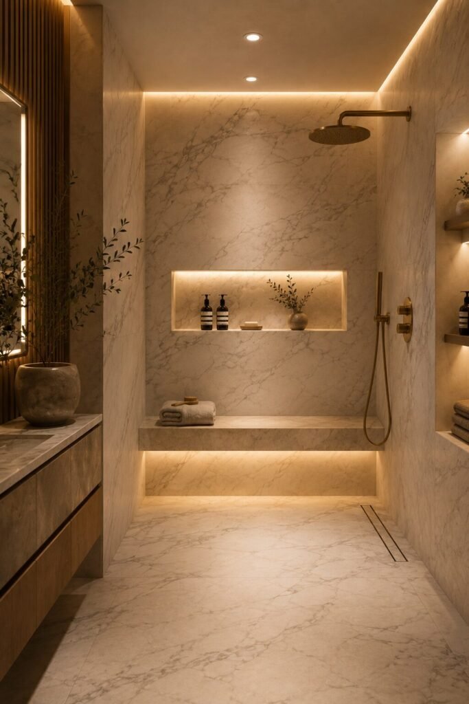 LED walk in shower with wall no door