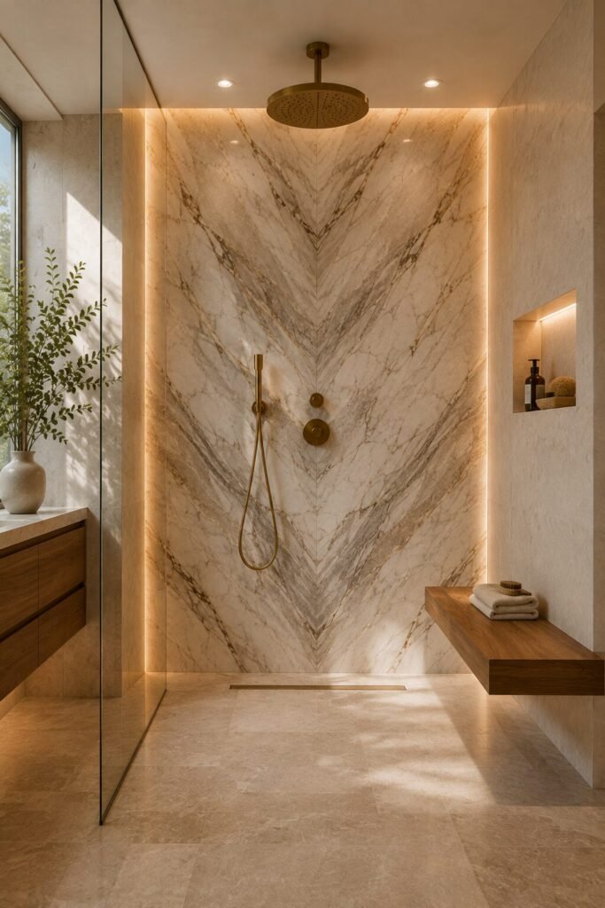Stone feature walk in shower with wall no door