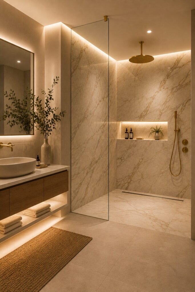 Gold walk in shower with wall no door