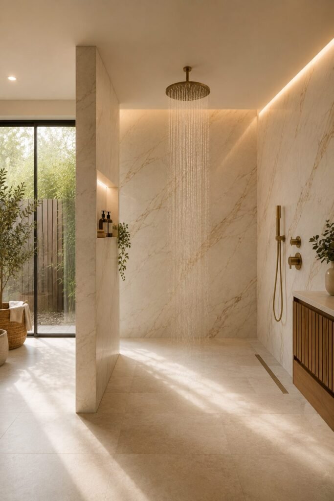 Curbless walk in shower with wall no door