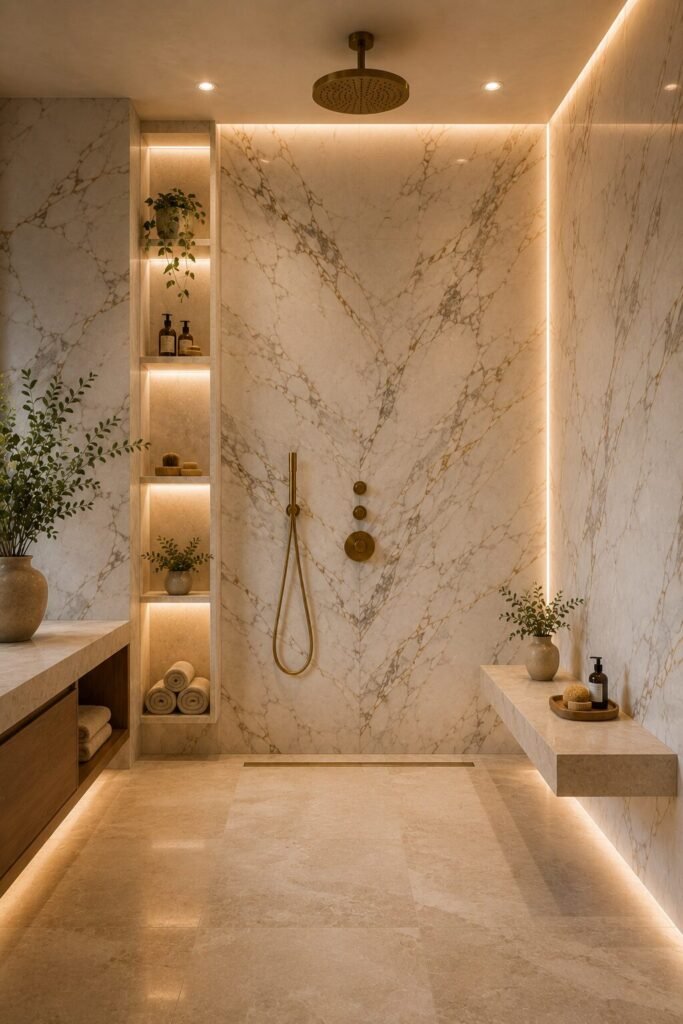 Luxury walk in shower with wall no door niches