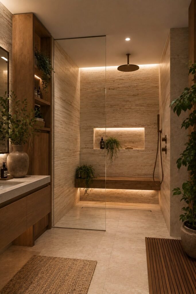 Travertine walk in shower with wall no door