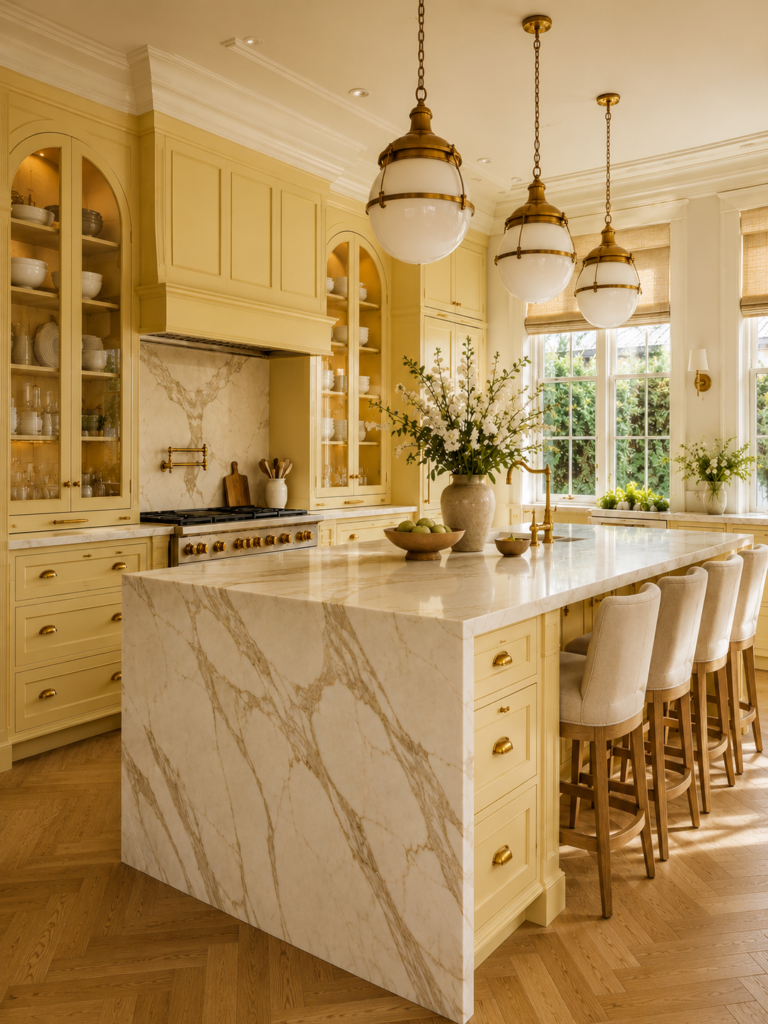 Butter yellow kitchen design ideas with elegant cabinets