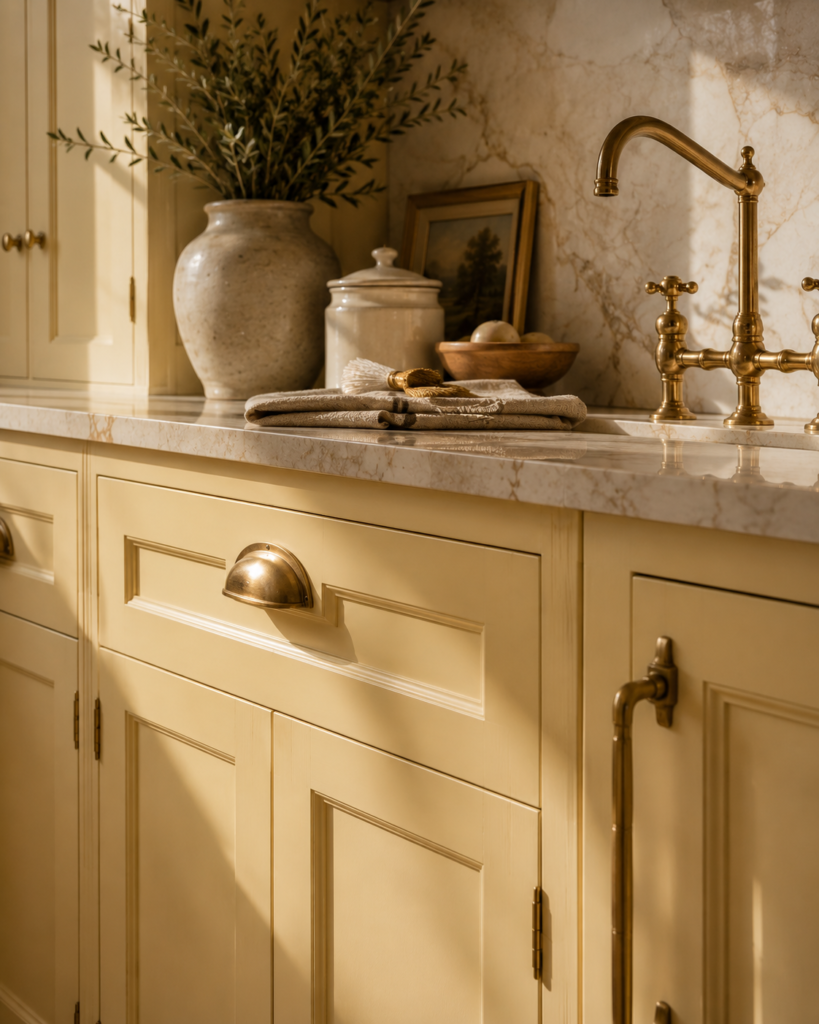 Butter yellow kitchen design ideas with brass hardware