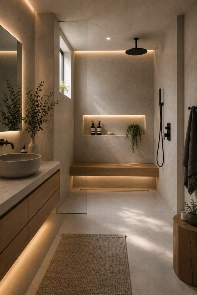 Microcement walk in shower with wall no door