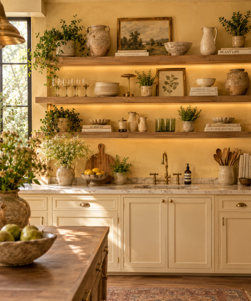 Butter yellow kitchen design ideas with open shelving