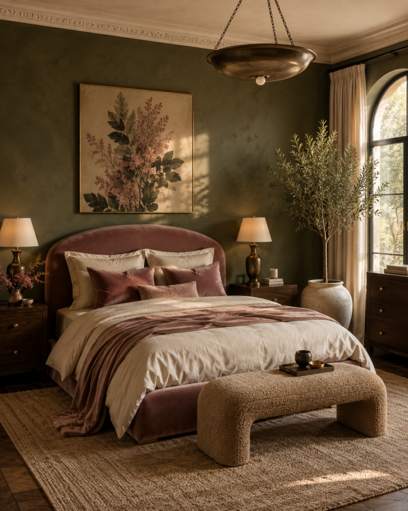 Pink and green bedroom ideas with olive green
