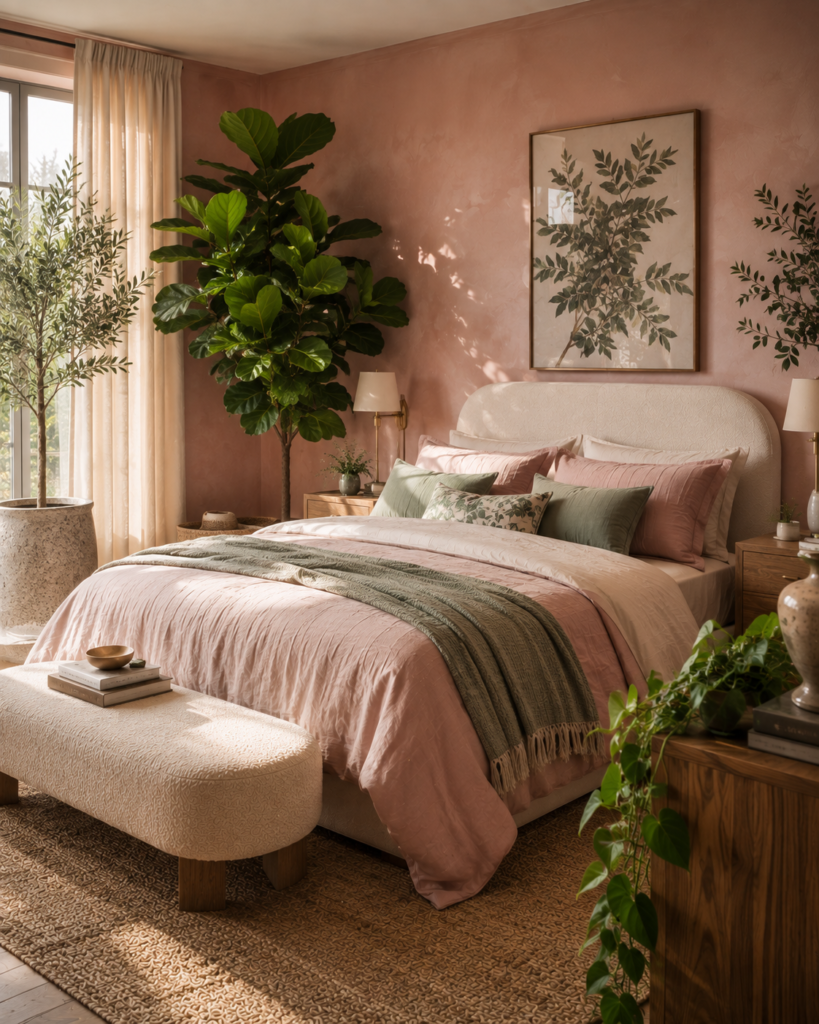 Pink and green bedroom ideas with indoor plants