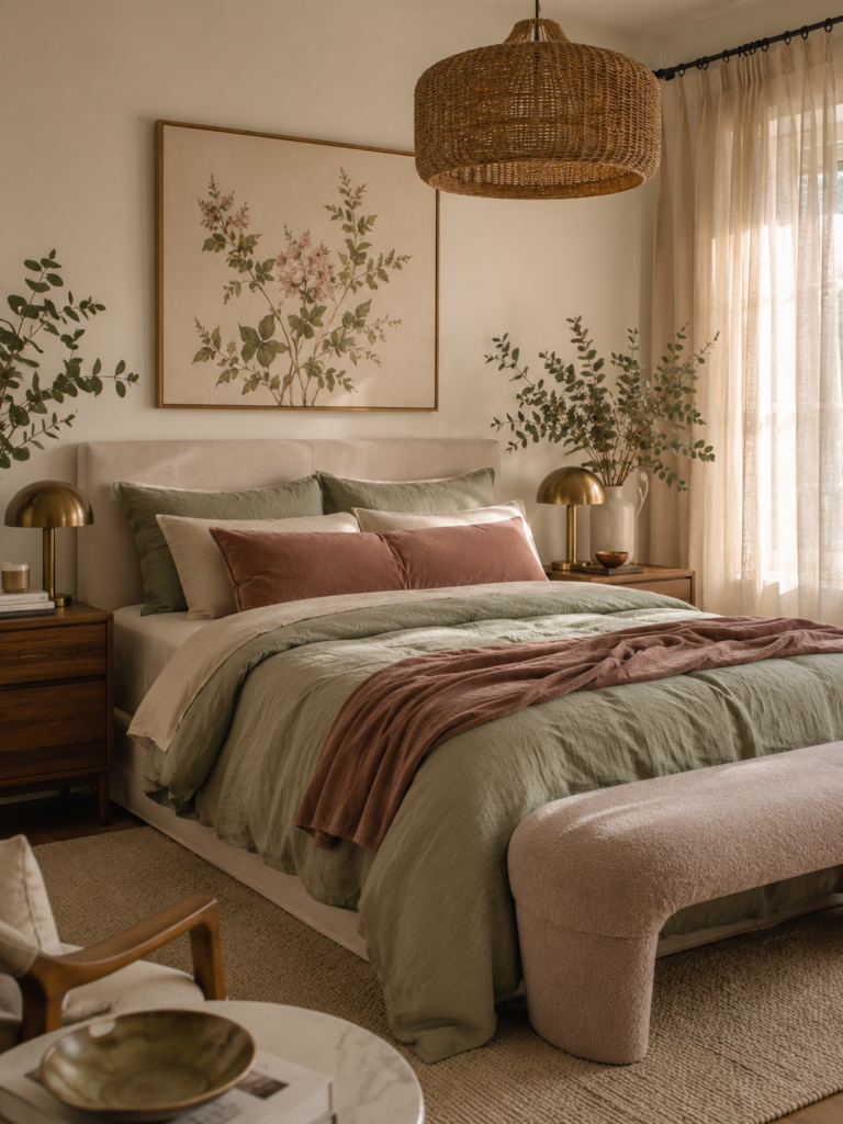 Pink and green bedroom ideas with sage bedding