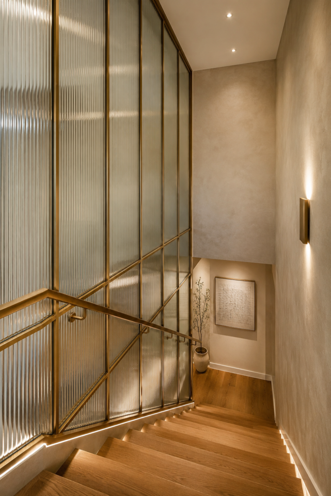Enclosed stairwell decor with ribbed glass