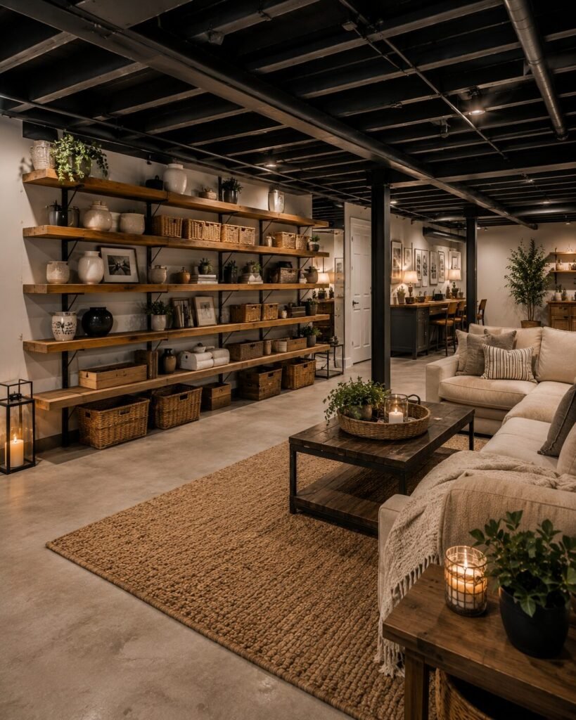 unfinished basement ideas on a budget shelves