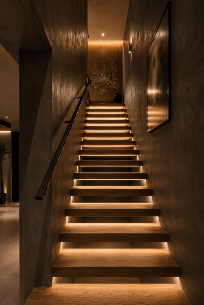 Enclosed stairwell decor with LED stairs