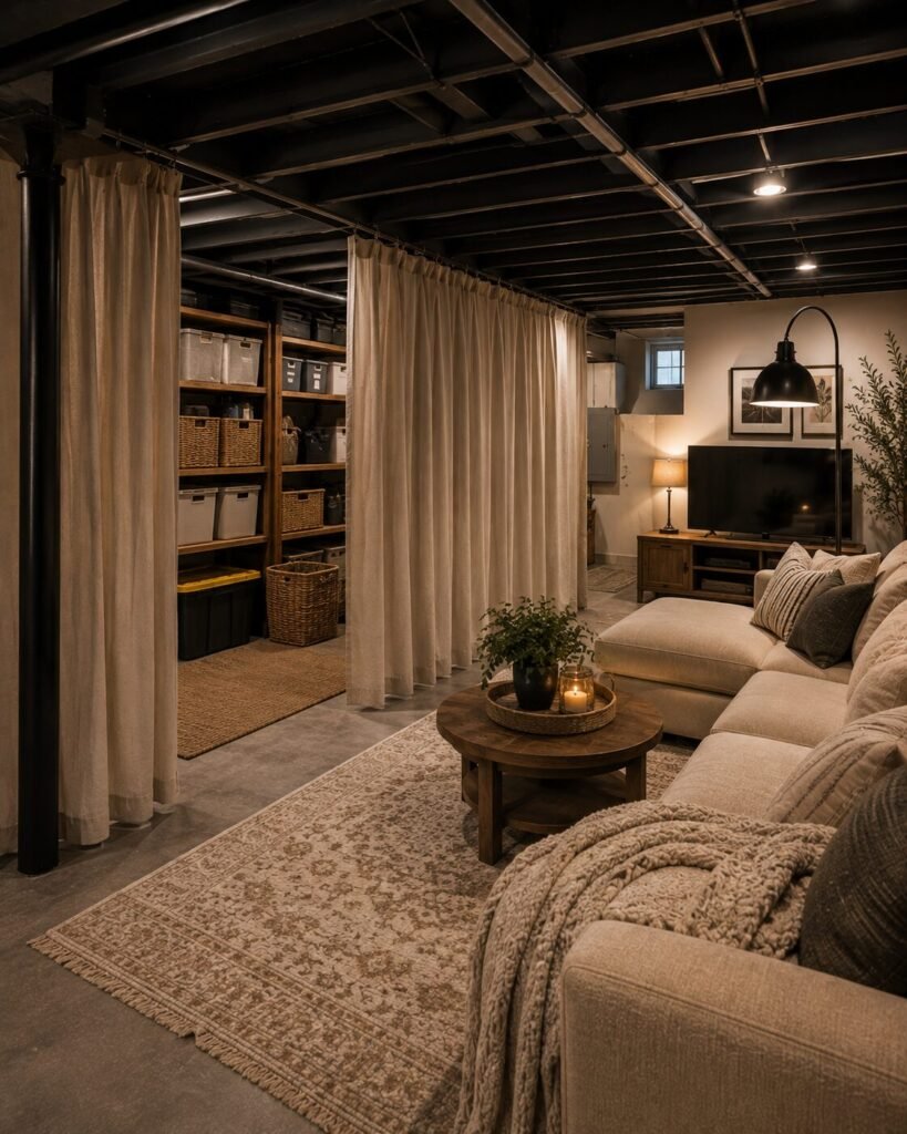 unfinished basement ideas on a budget curtains