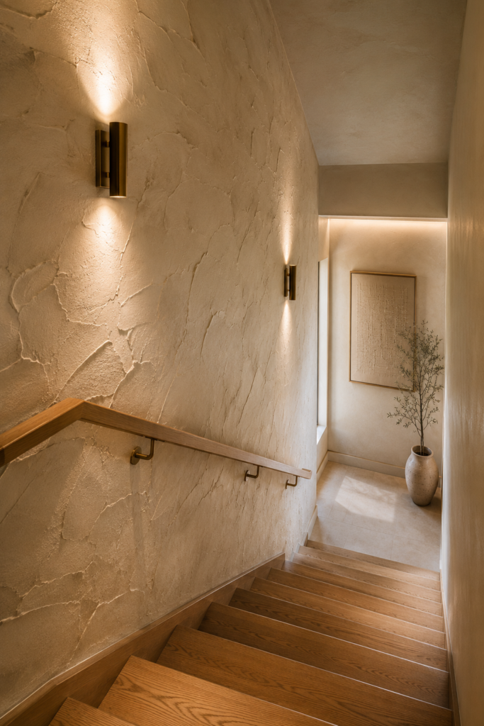 Enclosed stairwell decor with plaster wall