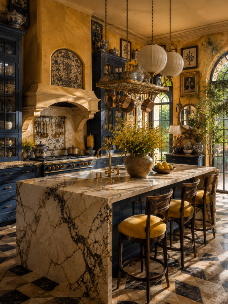 Yellow and blue kitchen ideas with golden walls