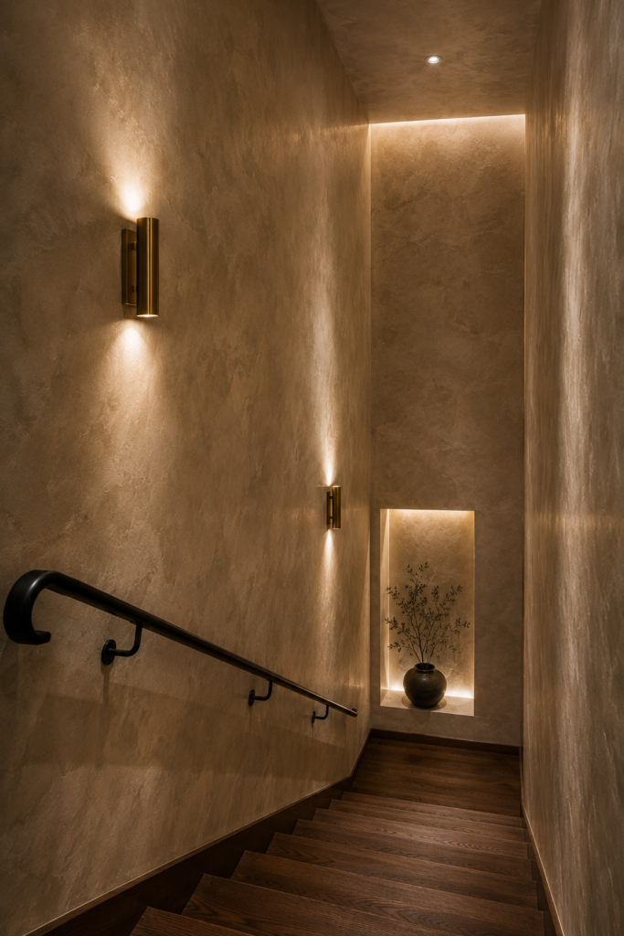 Enclosed stairwell decor with Venetian plaster