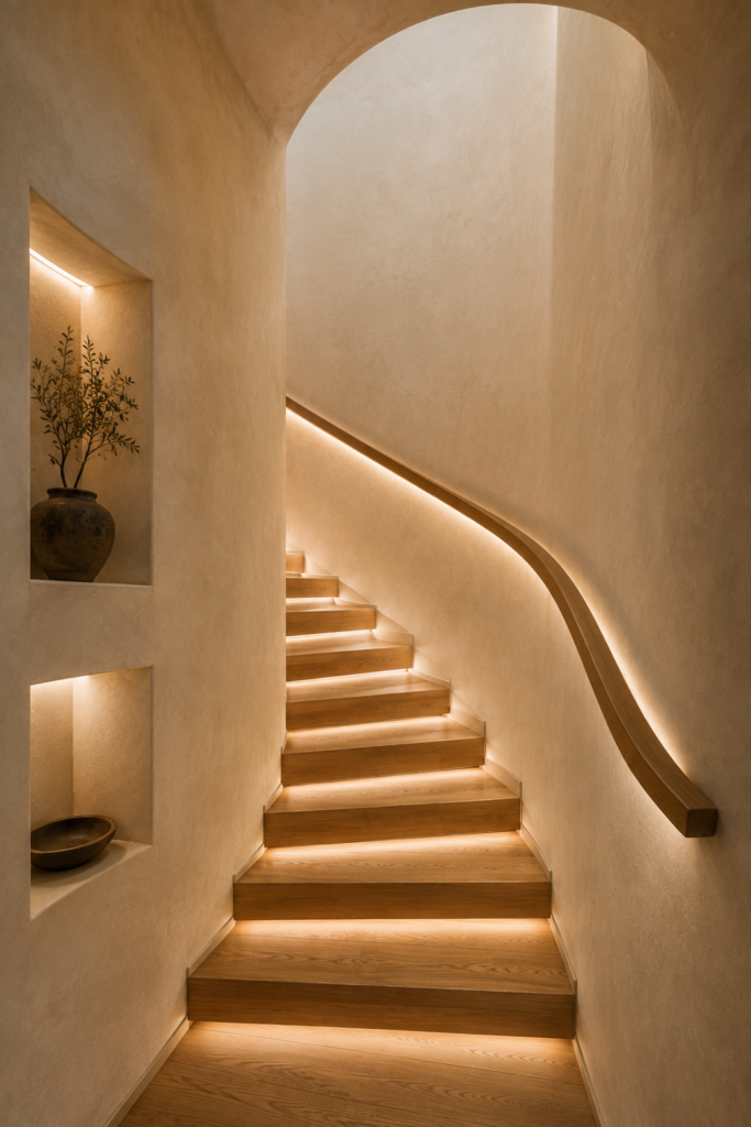 Enclosed stairwell decor with curved wall