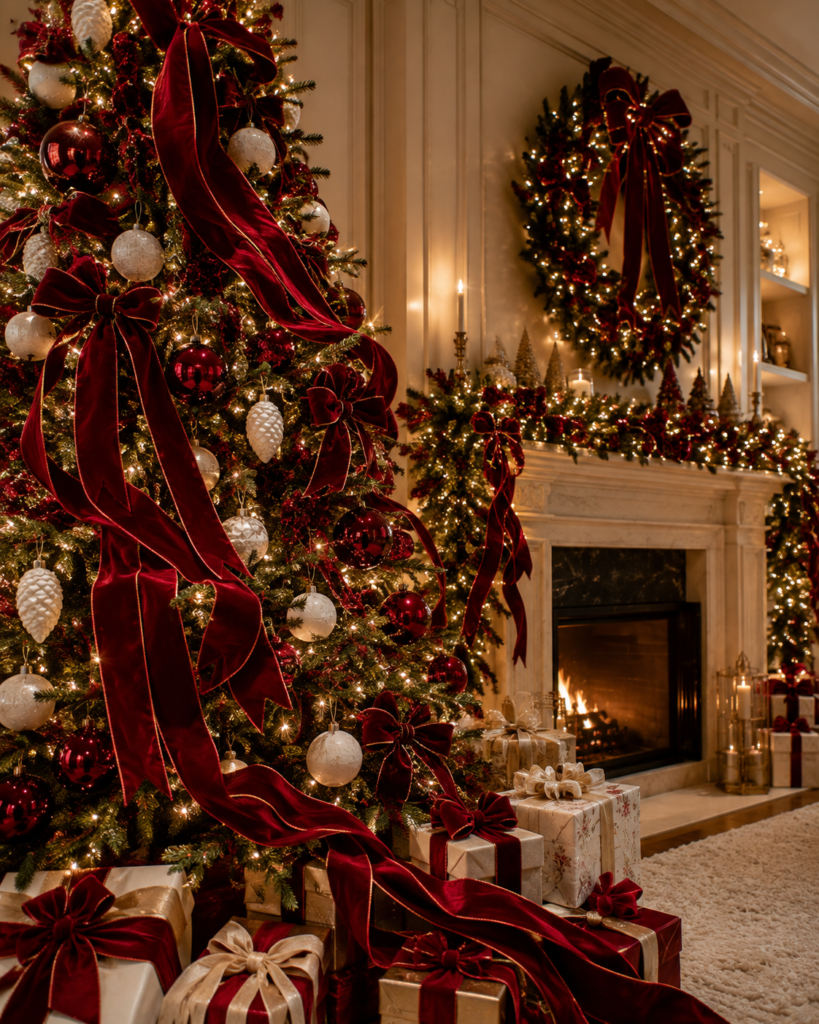 Red and white Christmas decor ideas ribbons