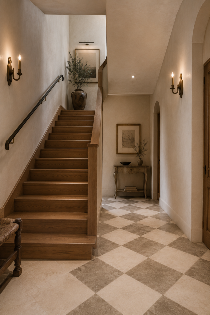Enclosed stairwell decor checkerboard landing