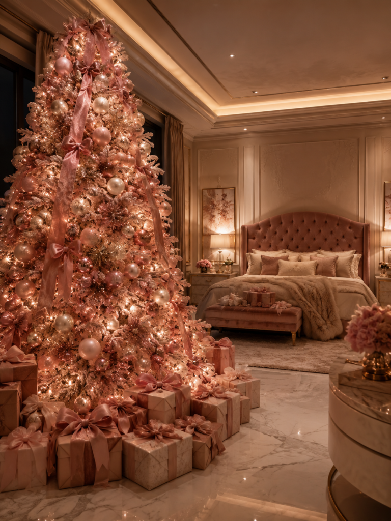 Pink Christmas bedroom ideas luxury tree