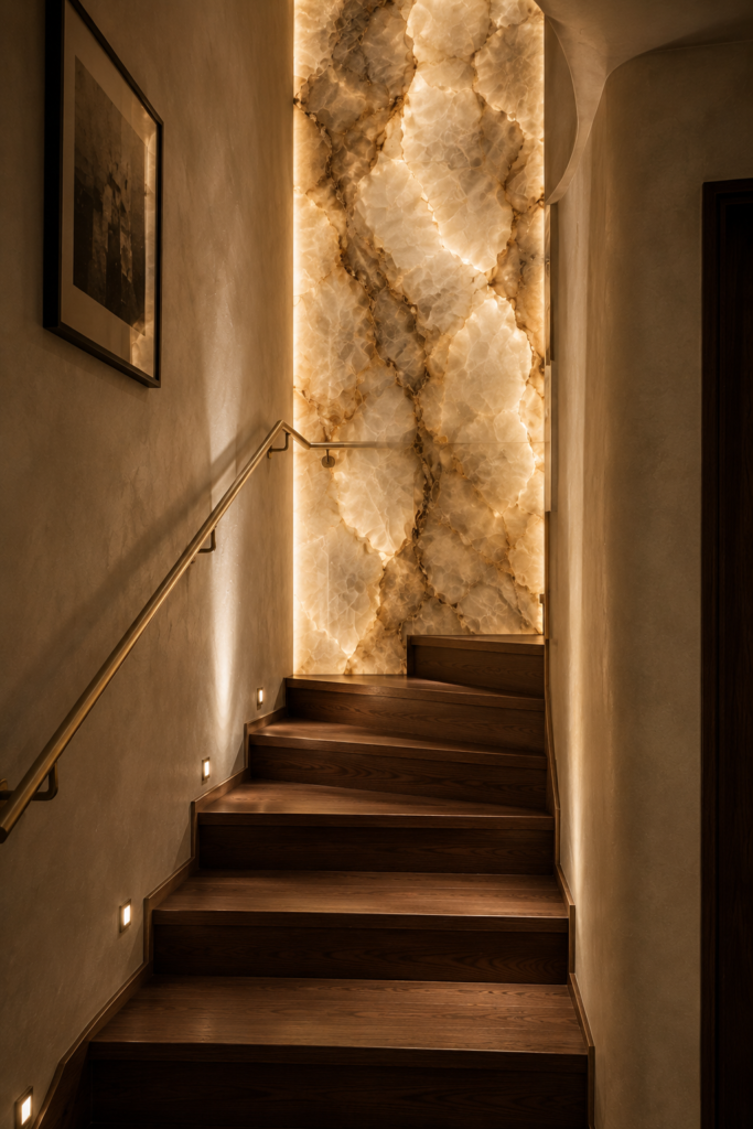 Enclosed stairwell decor backlit stone wall
