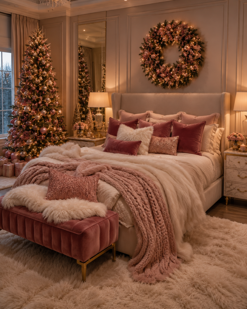 Pink Christmas bedroom ideas velvet decor