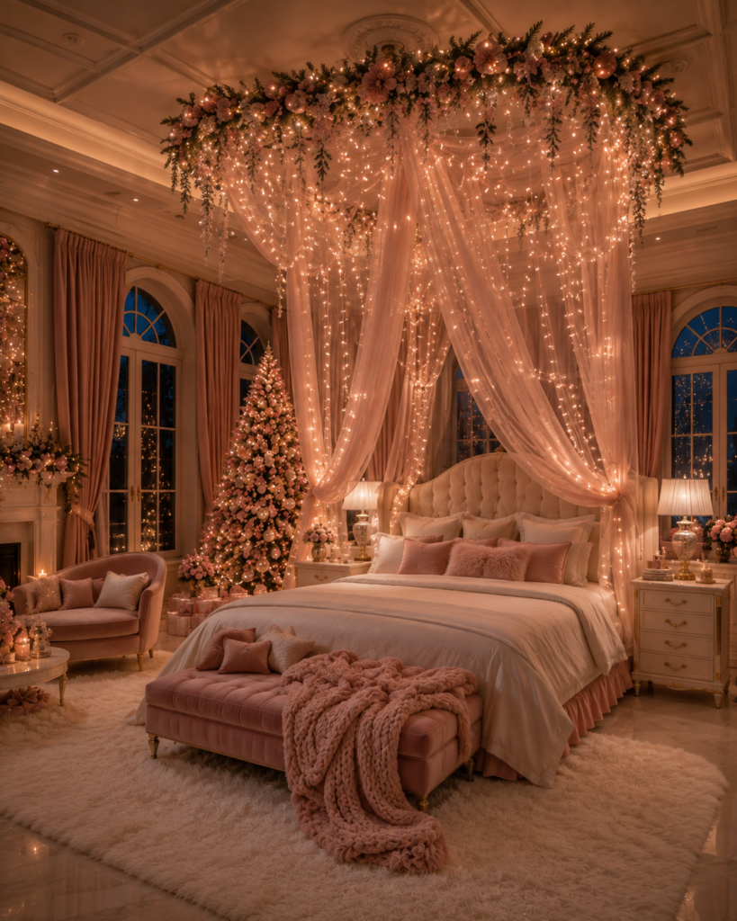 Pink Christmas bedroom ideas fairy canopy